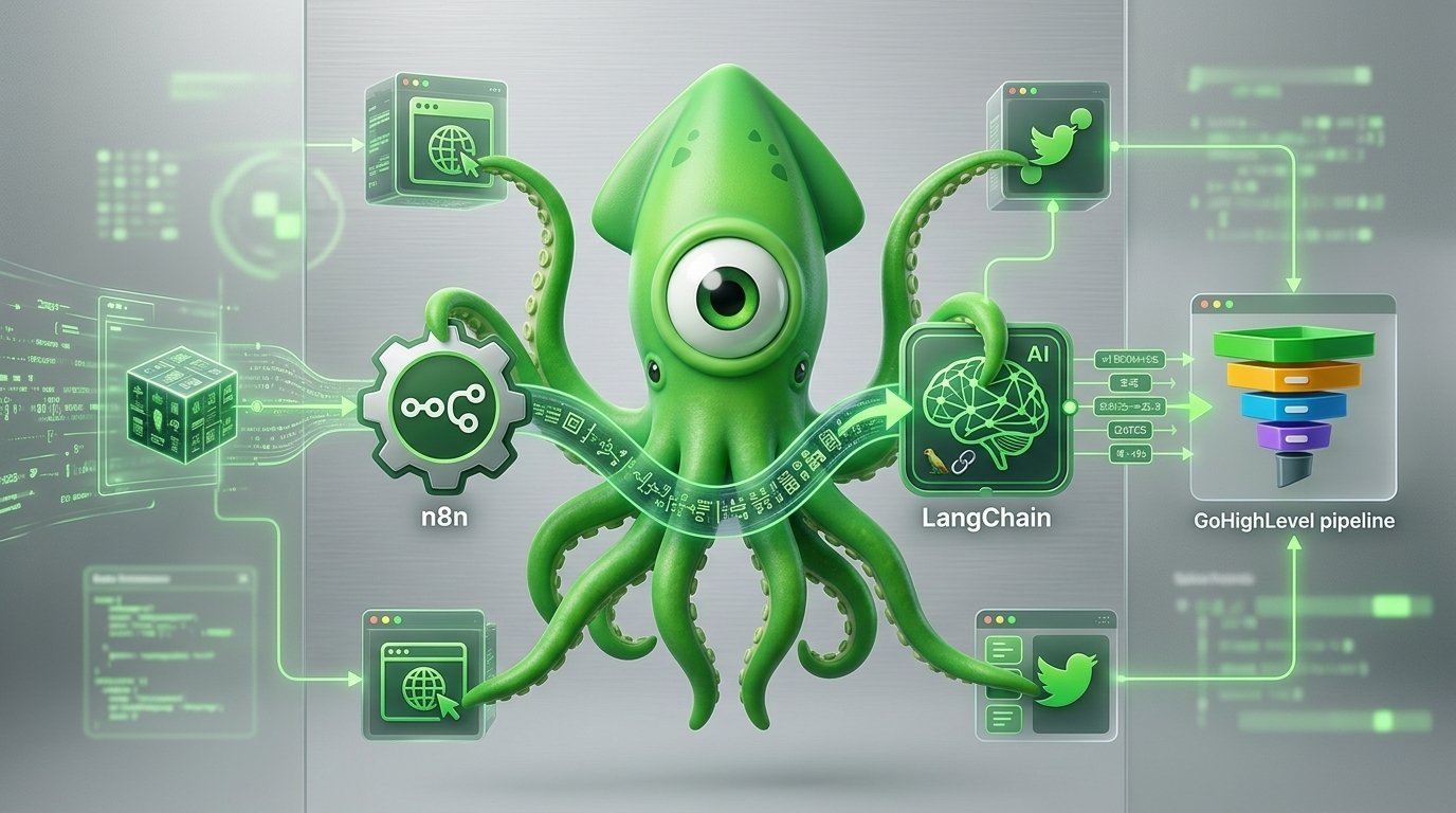 A detailed flowchart showing an n8n gohighlevel automation webhook receiving lead data, routing it through a LangChain AI node, and pushing the formatted data via API.
